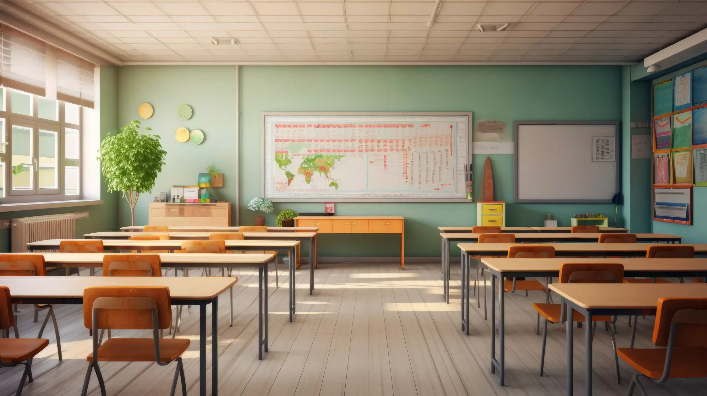 Une fille travaillant sur une table d'école, avec des illustrations flottantes autour d'elle